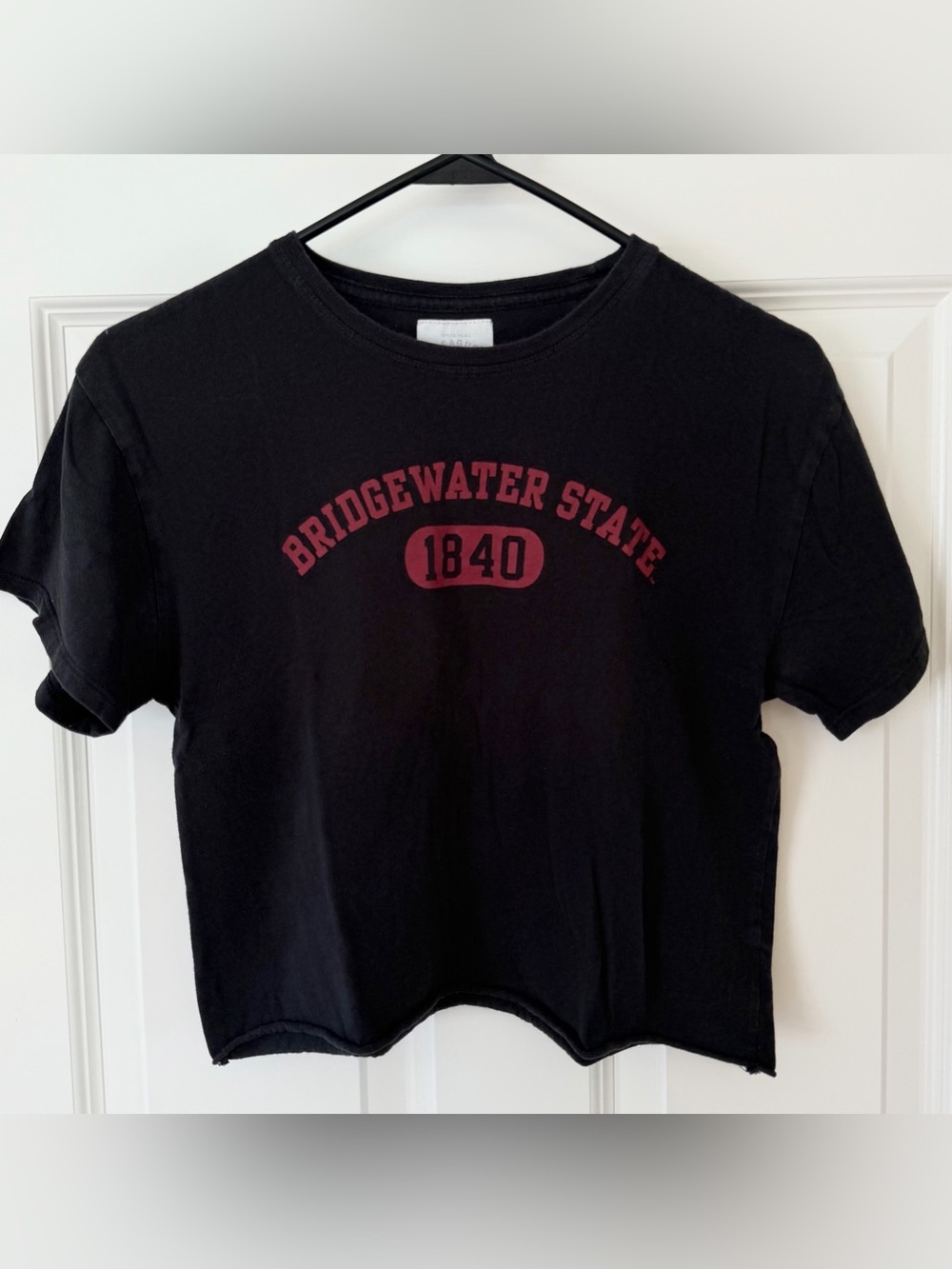 League Black Cropped Tee with Maroon Bridgewater State Print